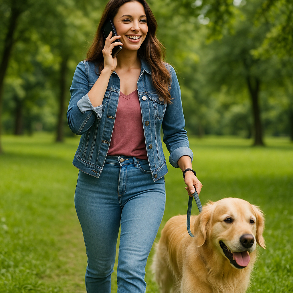 photographic Attractive female walking her golden retriever in a lush green park while speaking on her mobile cell phone
