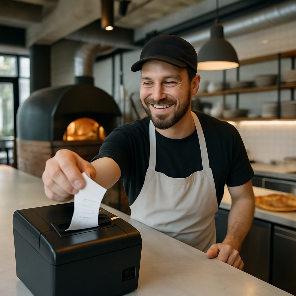 photographic Modern Pizza Restaurant The main focus is a chef whos midservice and looking busy but happy theres a black printer on the pass where hes-1