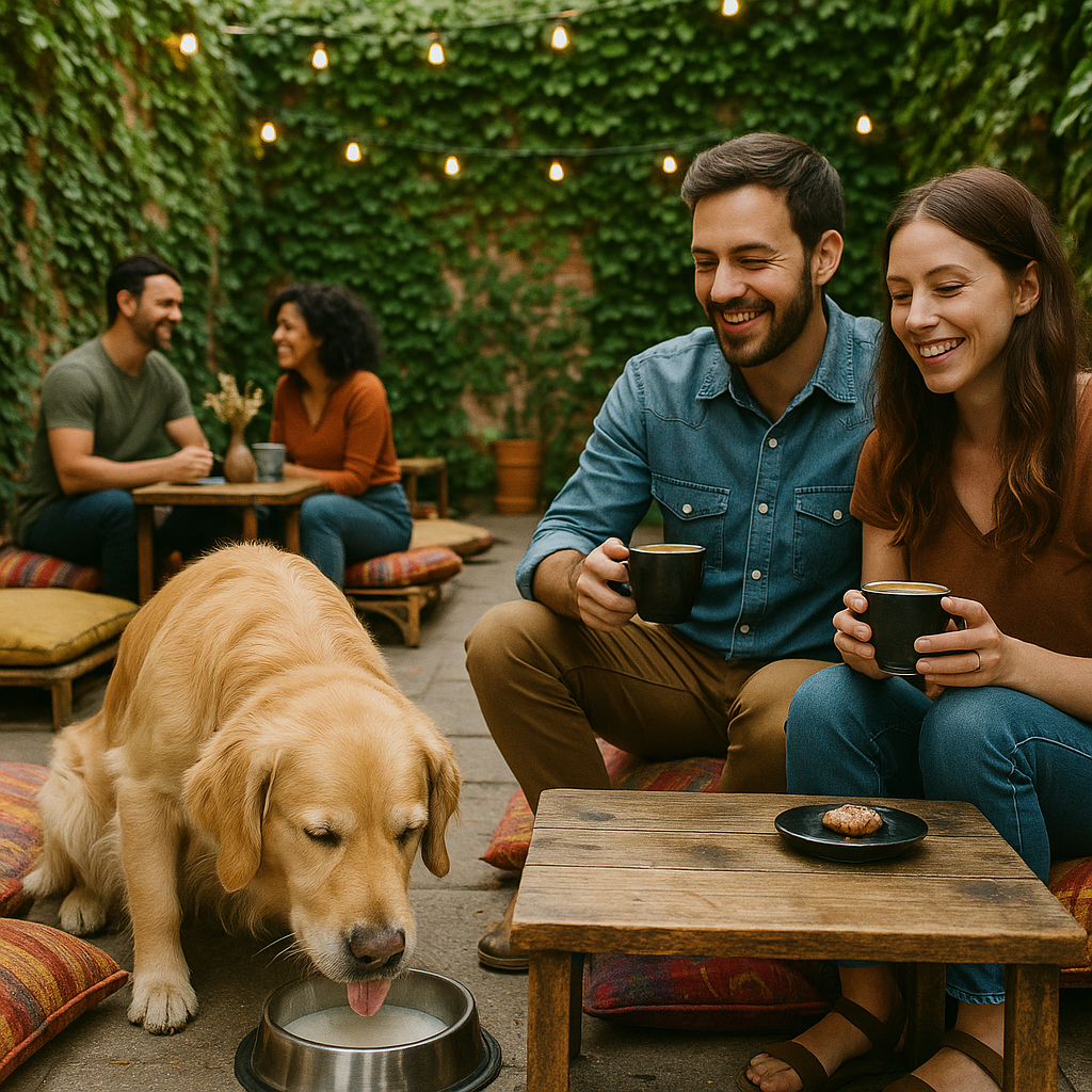 photographic Outdoor alfresco dining with rustic and hipster decor set up in a small courtyard The seating is low to the ground with colourful cushion-3
