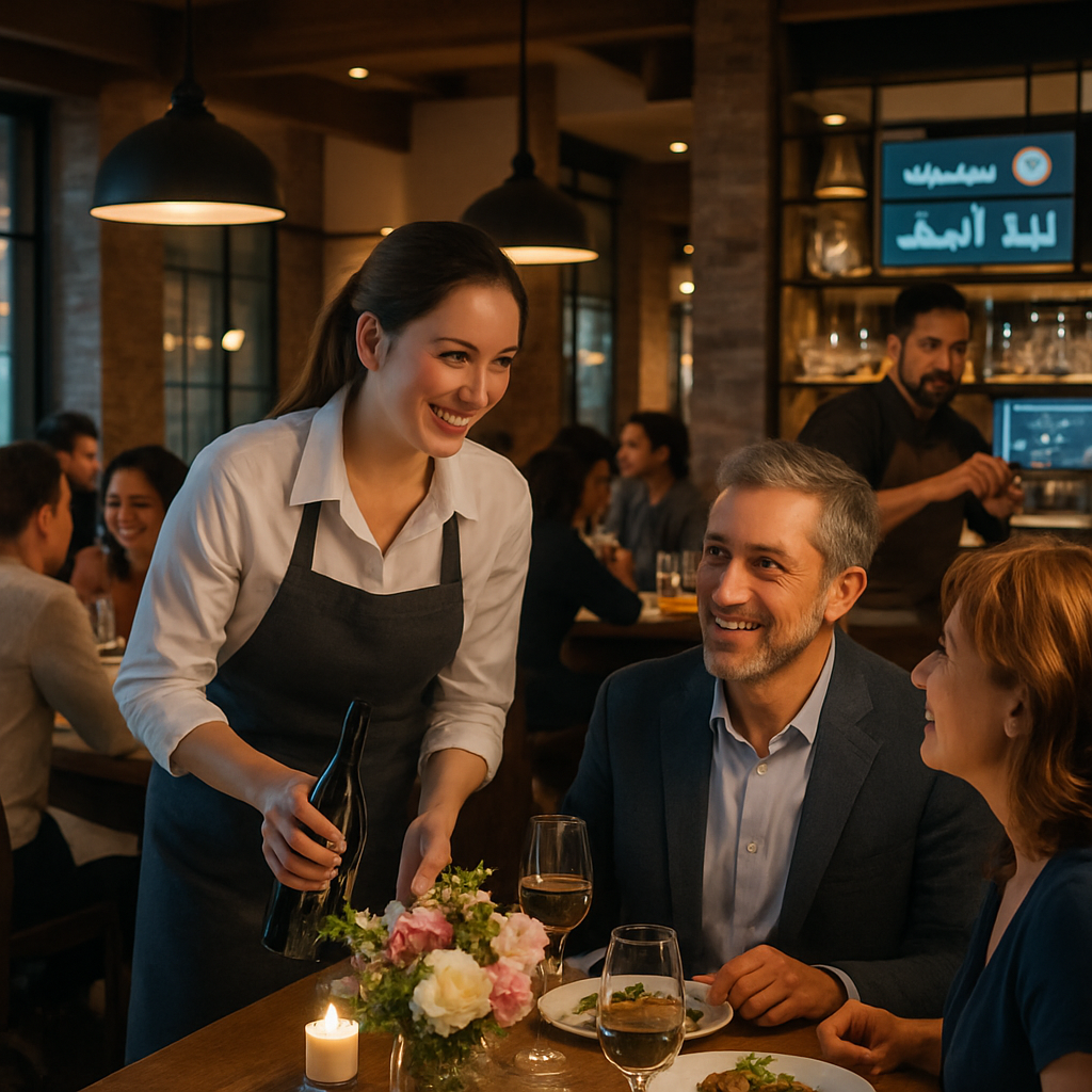 photographic The image depicts a bustling modern restaurant scene filled with warm inviting light In the foreground a cheerful server Sarah engages wi-1