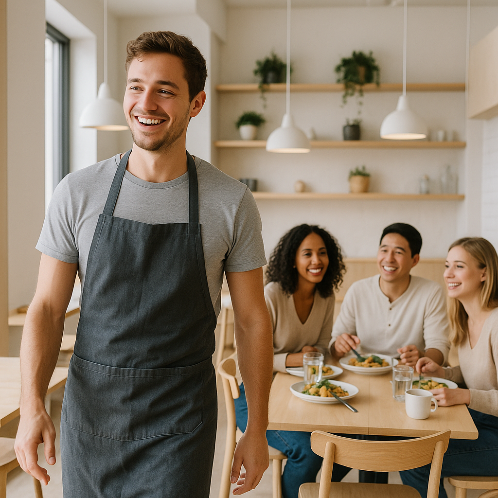 photographic setting is Clean lines and naturally lit cafe with neutral tones of wood and white decor Main focus is a waiter walking away from a table-1